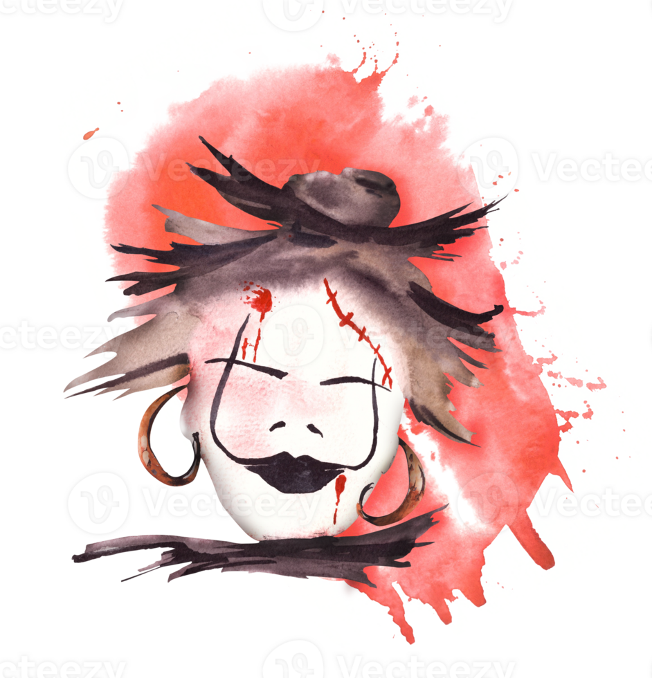 Halloween kids scary masks witch on the blood stain. Watercolor Happy Halloween holiday. Hand painted illustration. Funny monsters design of cards, stickers, prints png