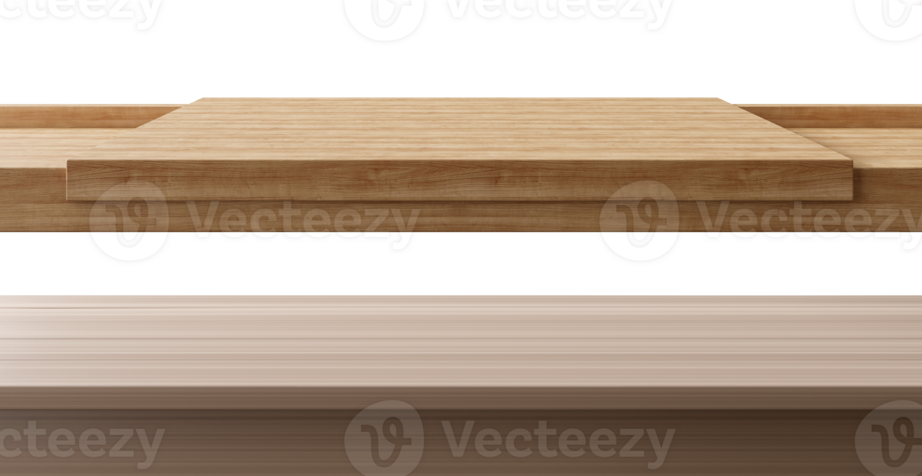 Two wooden table, desk surfaces isolated on transparent background. Front view. Tabletop, set. Cut out elements. Copy space for your object, product presentation. Display, promotion, advertising. 3D. png