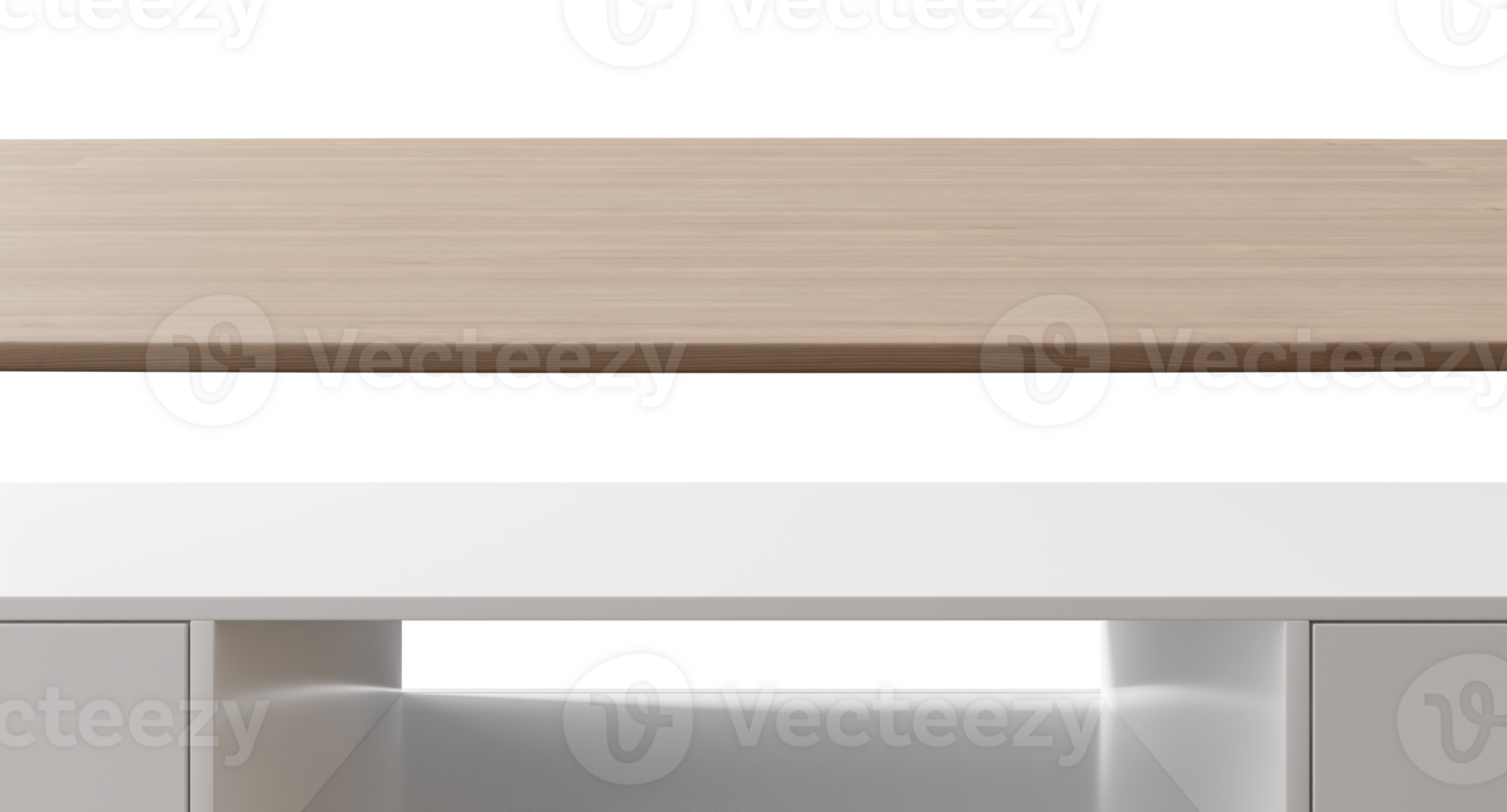Two white and wooden table surfaces isolated on transparent background. Front view. Tabletop, set. Cut out elements. Copy space for your object, product presentation. Display, promotion. 3D png