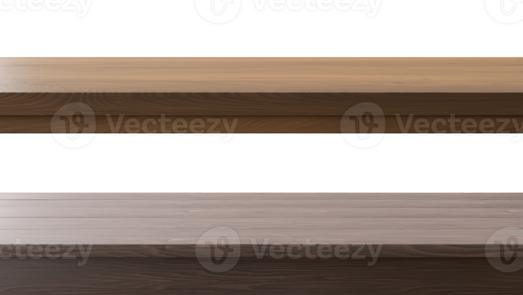 Two wooden table, desk surfaces isolated on transparent background. Front view. Tabletop, set. Cut out elements. Copy space for your object, product presentation. Display, promotion, advertising. 3D. png
