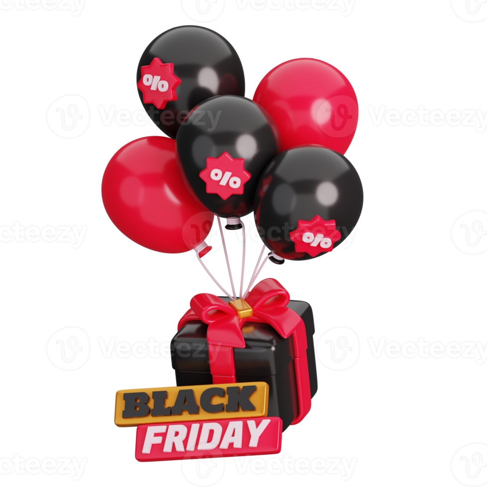 Gift box with balloons isolated. Black Friday Shopping Concept. 3D render illustration. png