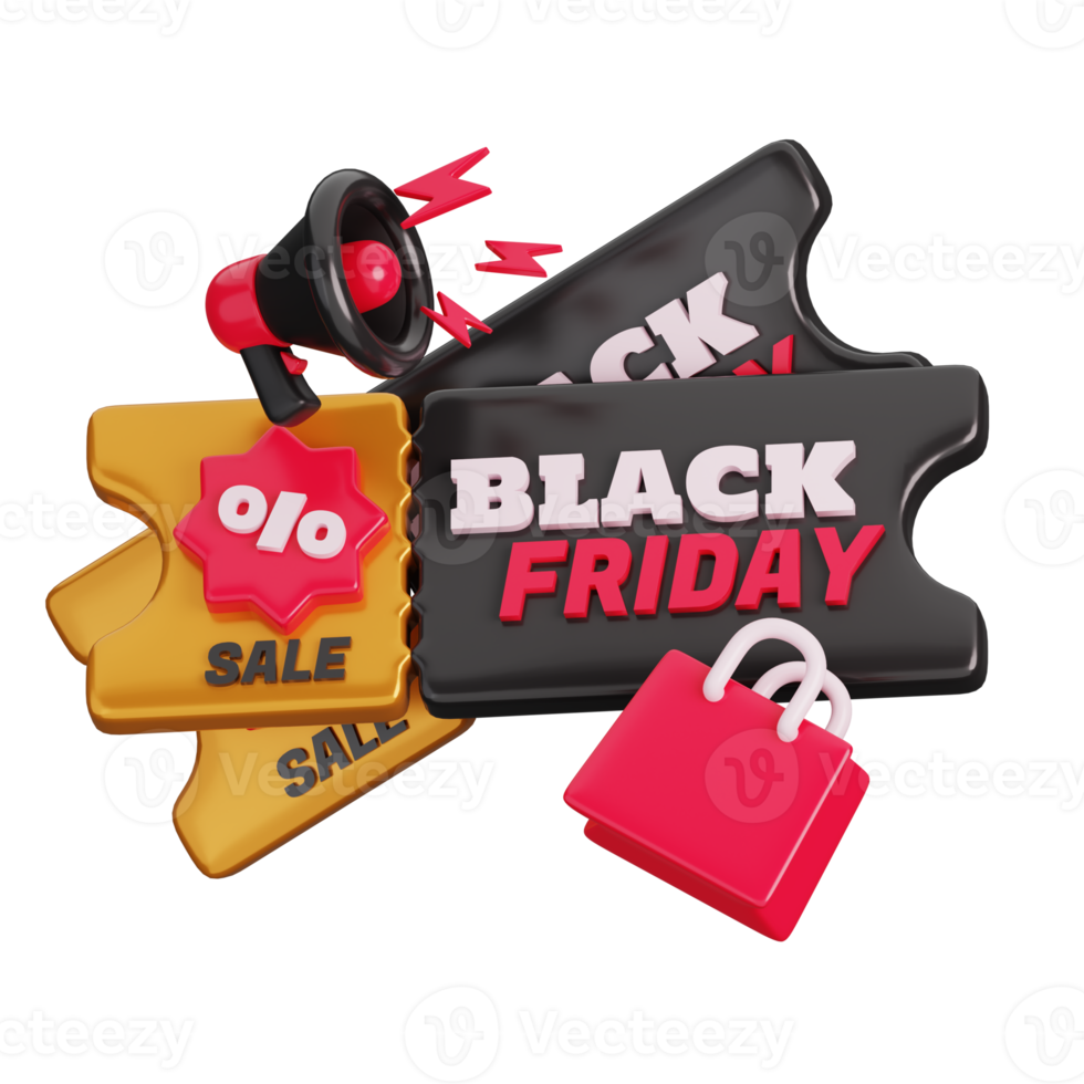 Black Friday discount coupon with megaphone and bag isolated. Black Friday Shopping Concept. 3D render illustration. png