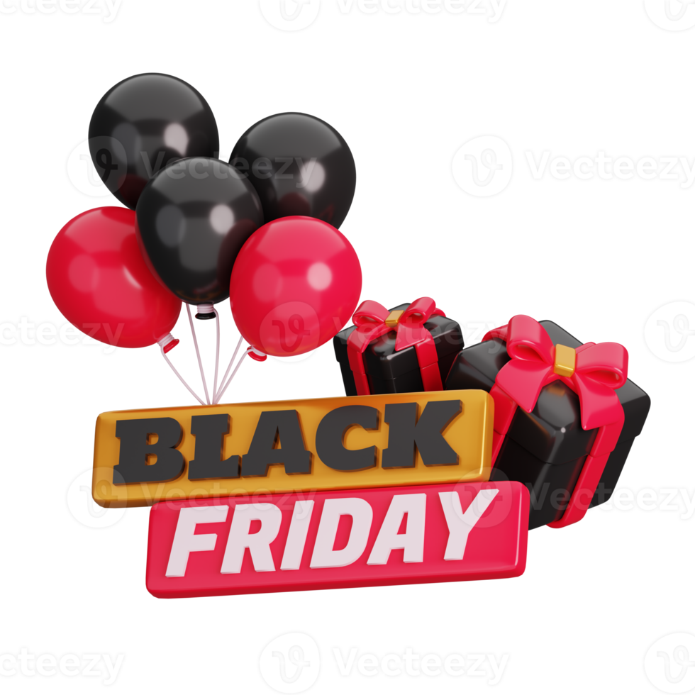 Gift boxes with balloons isolated. Black Friday Shopping Concept. 3D render illustration. png