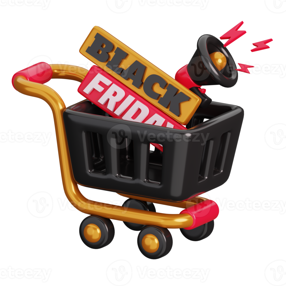 Shopping Trolley with megaphone isolated. Black Friday Shopping Concept. 3D render illustration. png