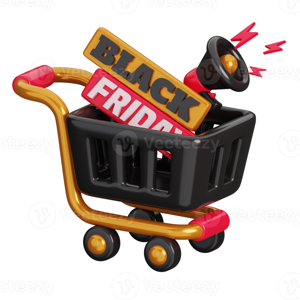 boodschappen doen trolley met megafoon geïsoleerd. zwart vrijdag boodschappen doen concept. 3d geven illustratie. png