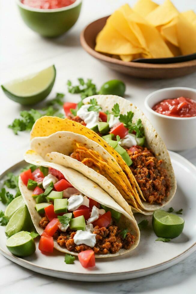 Tasty Tacos on White Background, AI Generated photo