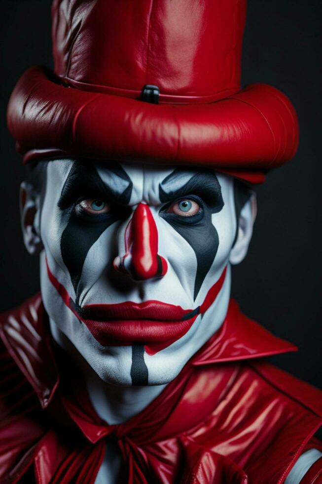 Terrifying Halloween Clown, Portrait of a Sinister Red-Suited Jester, AI Generated photo