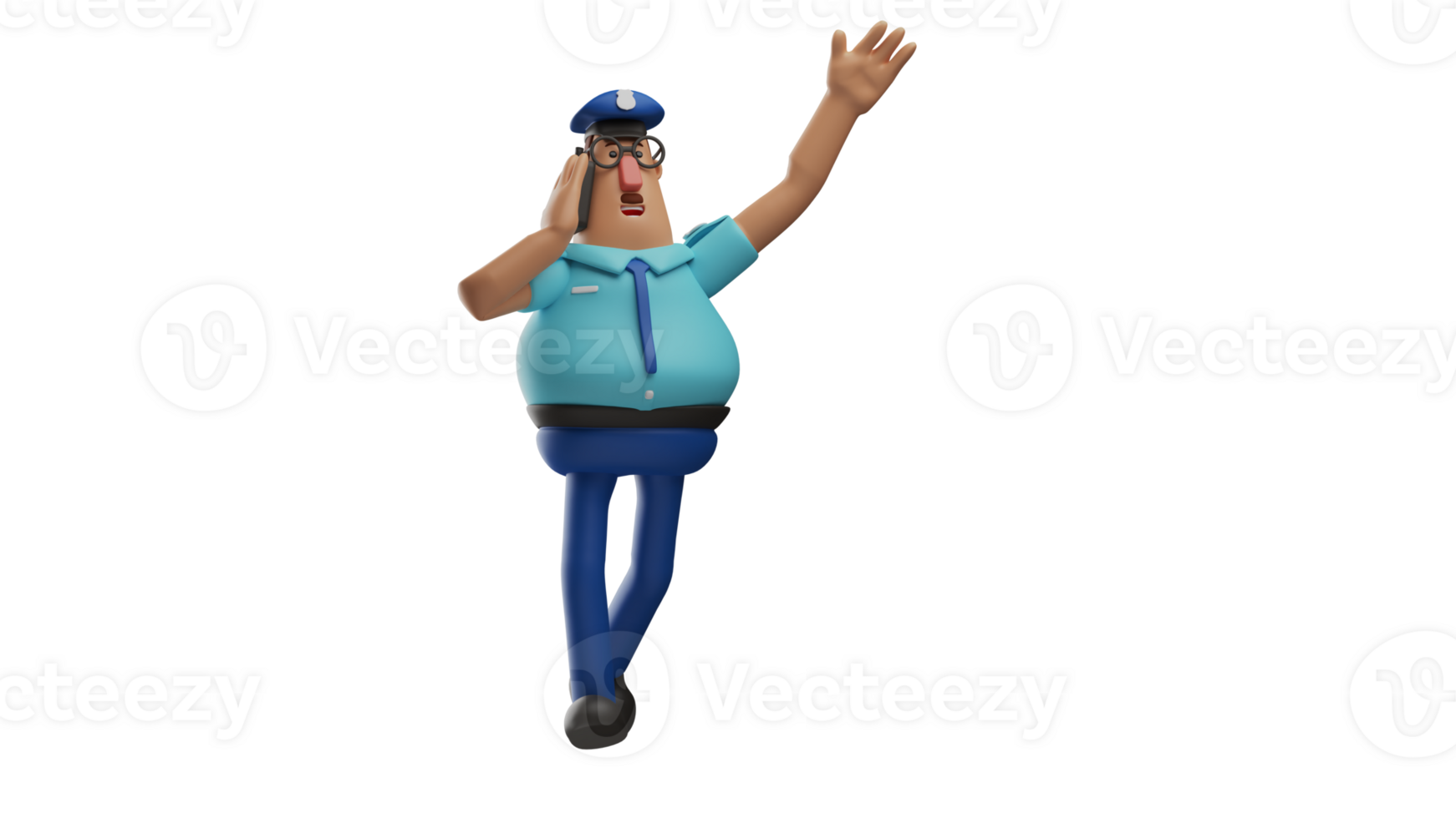 3D illustration. Friendly Police 3D Cartoon Character. Police is talking to someone via handie talky. The policeman waved his hand at someone he met on the street. 3D Cartoon Character png