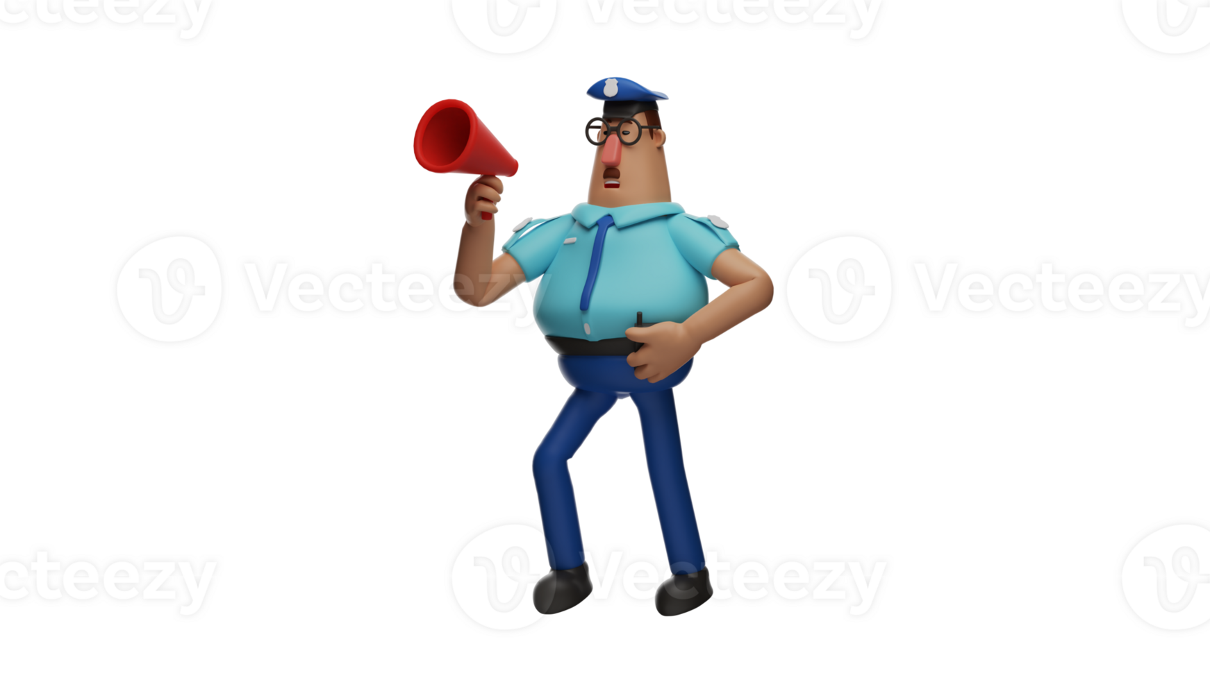 3D illustration. Police leader 3D cartoon character. The police is giving directions using a megaphone. The police provide directions for the tasks that must be carried out next. 3D cartoon character png