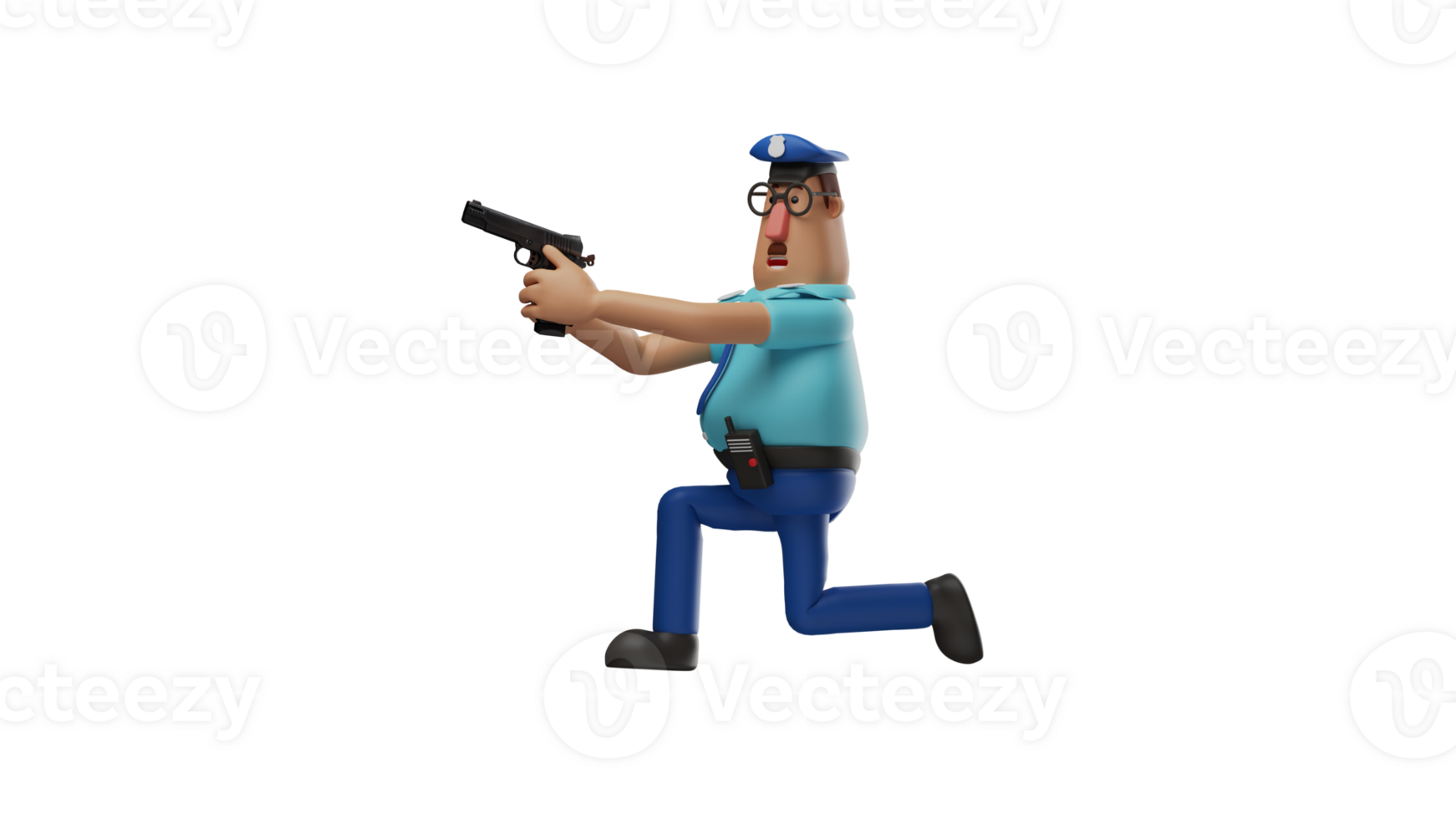 3D Illustration. Great Police 3D cartoon character. Police with a pose knelt down and direct the gun forward. Handsome policeman prepared to surround the criminal he was hunting. 3D cartoon character png