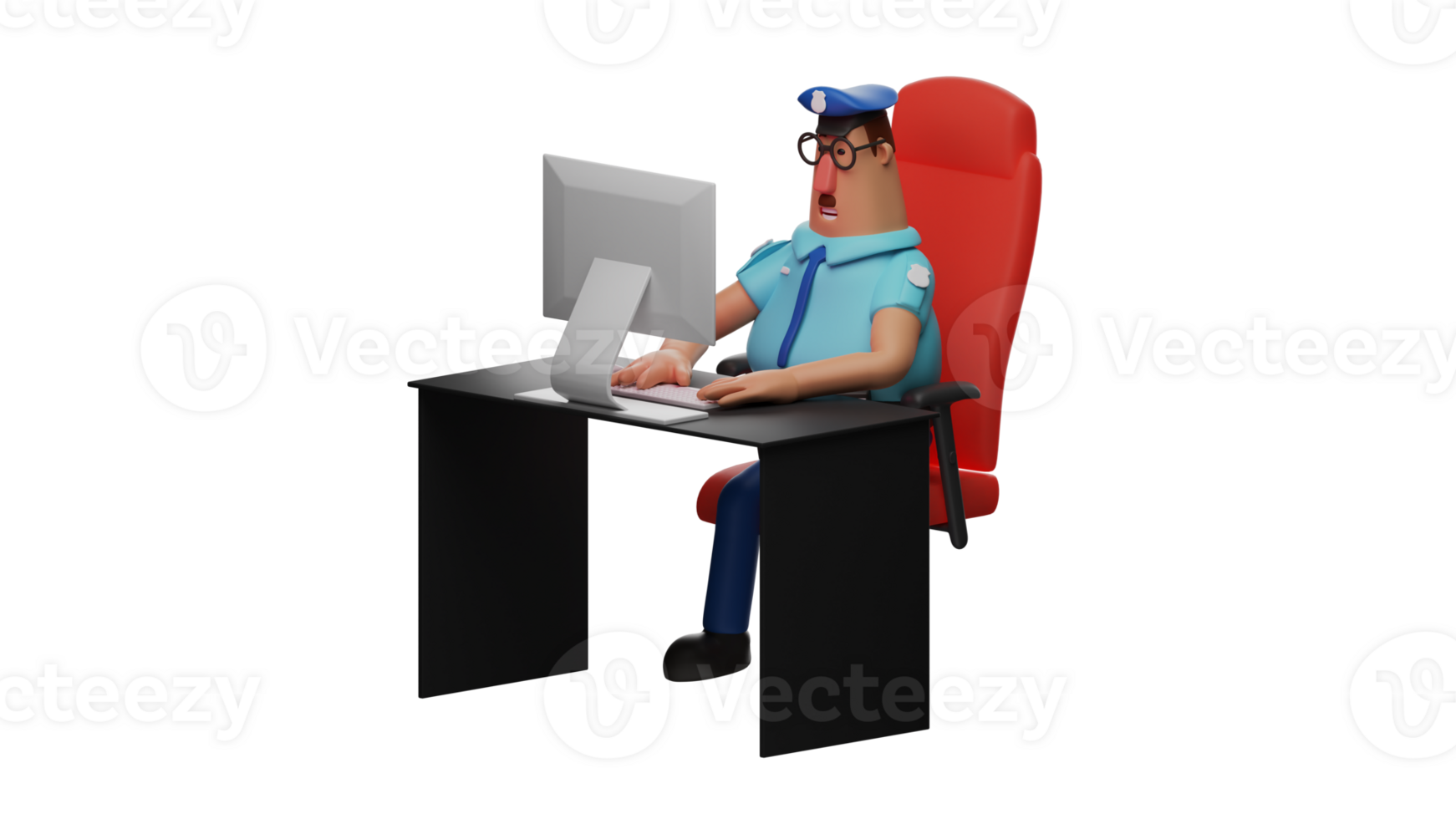 3D Illustration. Policeman 3D cartoon character. The police sat in the work chair. The police is working on his assignment on his computer. The police look serious. 3D cartoon character png
