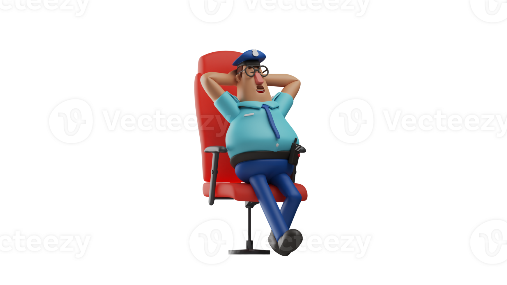 3D Illustration. Relax Police 3D Cartoon Character. The police is sitting in a red chair. The police wearing a blue uniform and seemed to close his eyes. 3D cartoon character png
