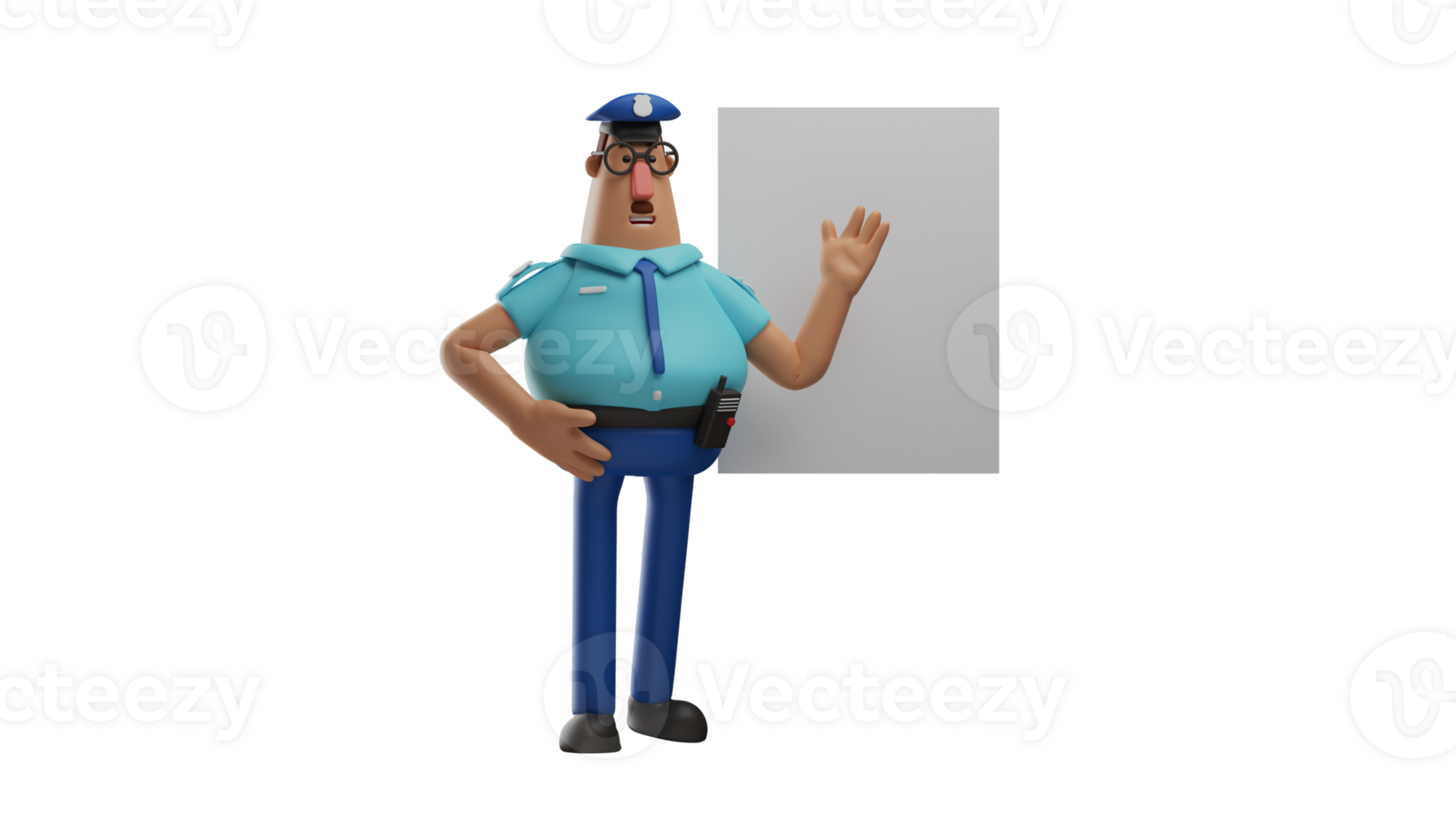 3D illustration. Smart Police 3D cartoon character. The police is giving direction to his members. The charming policeman explains something on the white board. 3D cartoon character png