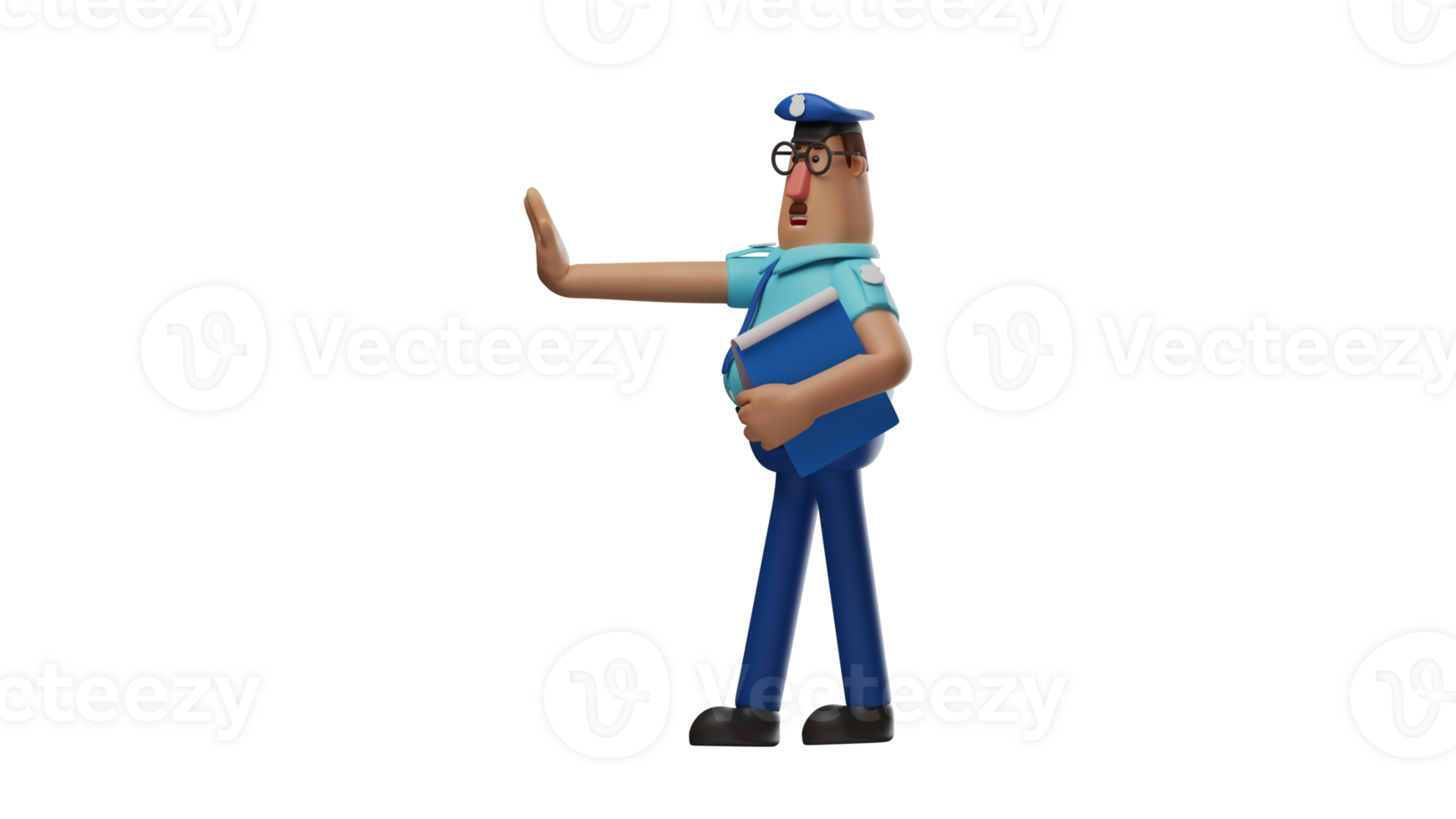 3D illustration. Scary Police 3D cartoon character. The police stopped someone who was violating traffic in front of him. Policeman prepares to carry a blue violation notebook. 3D cartoon character png