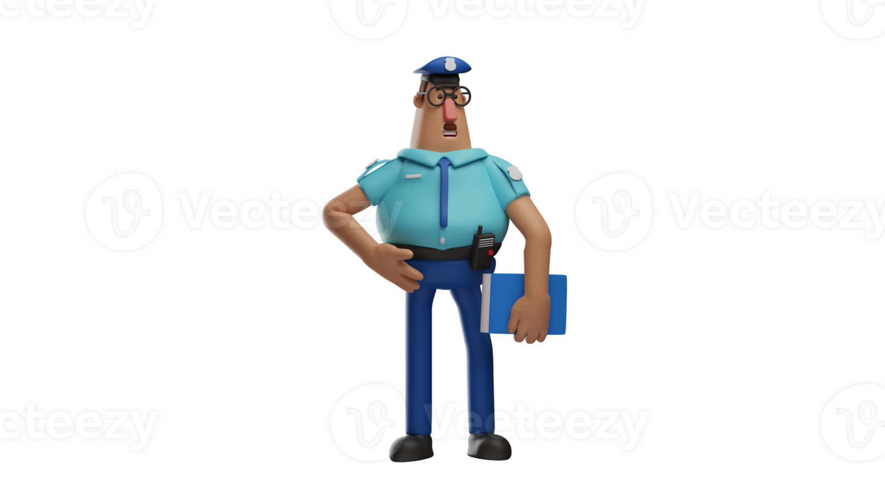 3D illustration. Handsome Police 3D cartoon character. Police wear blue uniforms and carry notebooks. Police paid attention to the surrounding area on duty. Charming policeman. 3D cartoon character png