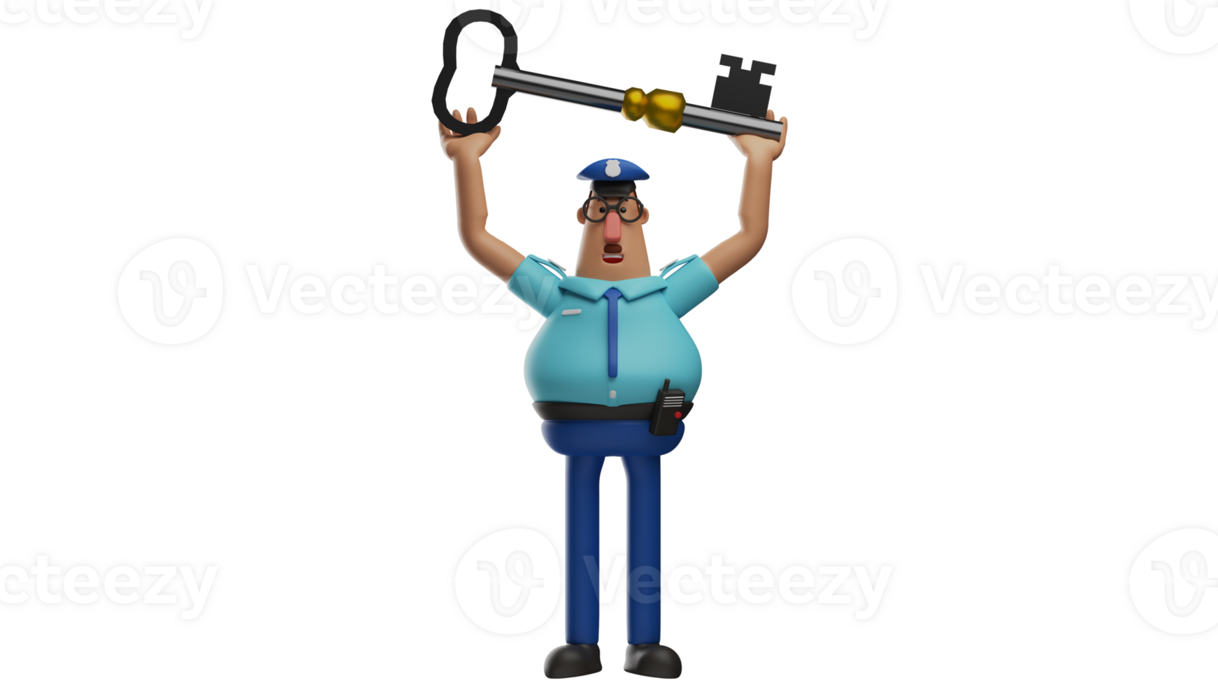 3D Illustration. The Handsome Police 3D cartoon character. The police stood up while lifting the giant key using both hands. The police will open something. 3D cartoon character png