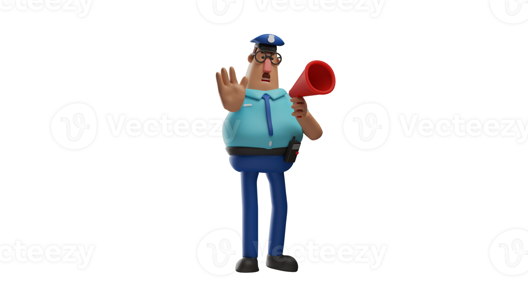 3D illustration. Policeman 3D cartoon character. The stern policeman was speaking using a loudspeaker. Policeman is making an announcement to his men. Police on duty. 3D cartoon character png