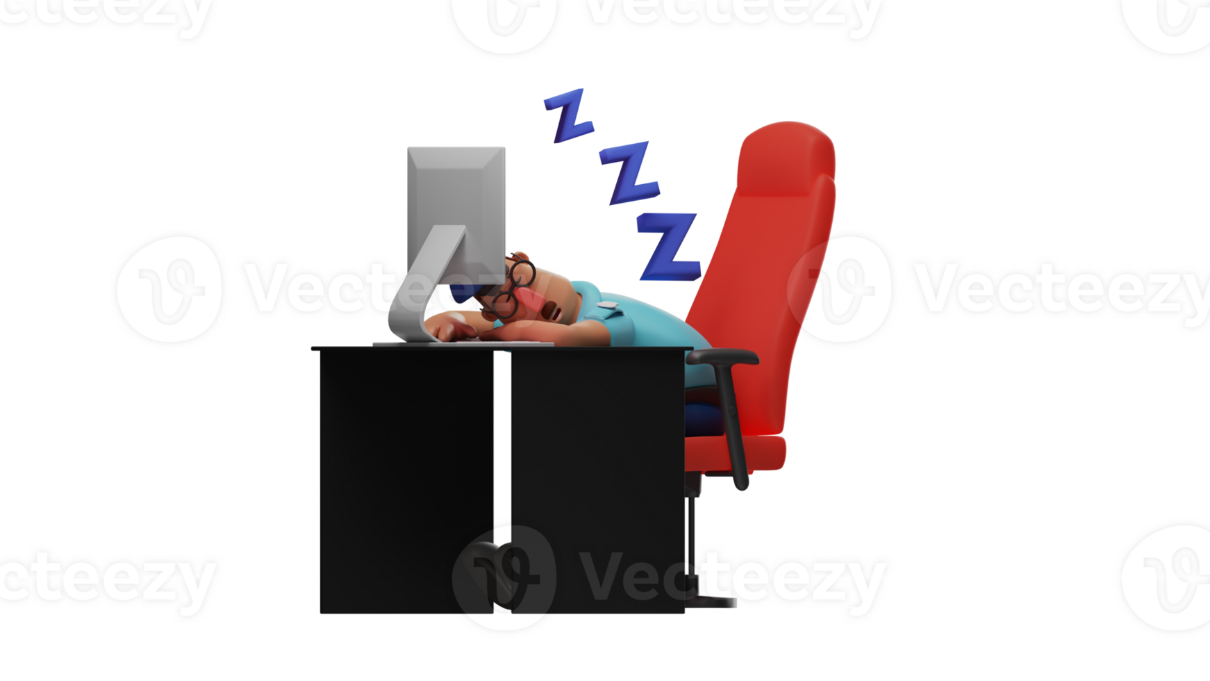 3D Illustration. The Sleepy Police 3D cartoon character. The police fell asleep at his desk. The police look exhausted and sleep in front of the computer. The police is relaxed. 3D cartoon character png