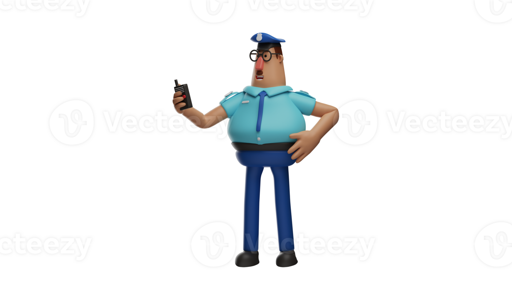 3D illustration. Dashing Police 3D Cartoon Character. Police is on duty on the road. Policeman holds a handy talkie as a means of communication with his friends. 3D Cartoon Character png