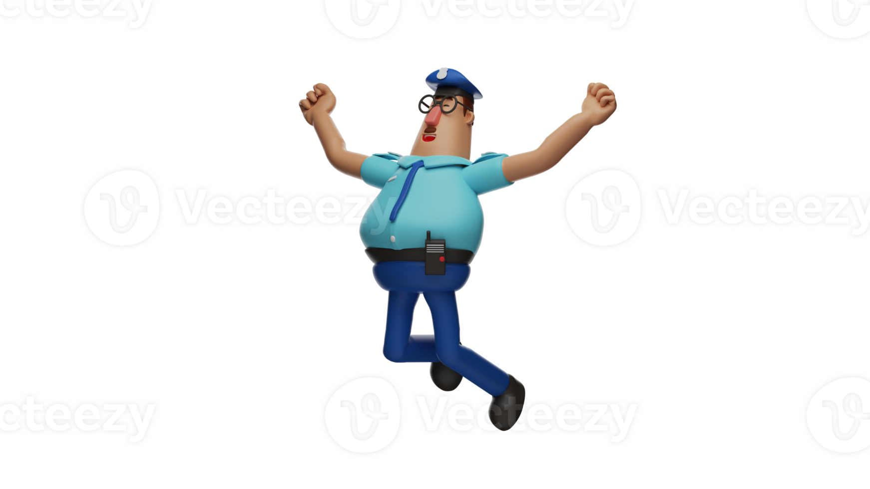 3D illustration. Happy Police 3D Cartoon Character. The policeman jumped high while stretching his arms up. The policeman laughed and showed his happy expression. 3D Cartoon Character png