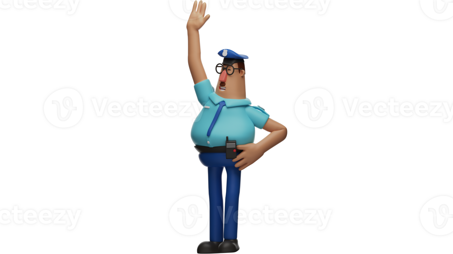 3D illustration. Police 3D Cartoon Character. The fat cop is directing traffic. The policeman raised one hand to give directions to motorists. 3D Cartoon Character png