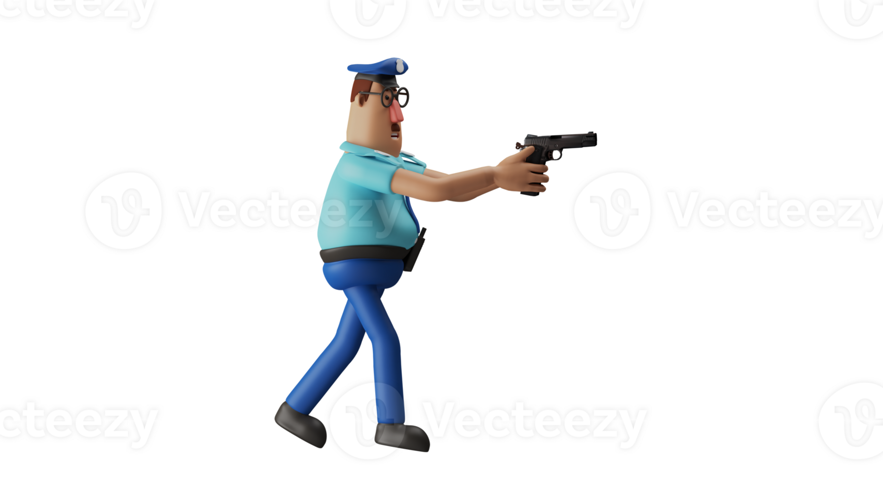 3D Illustration. Tough Police 3D Cartoon Character. The police walked sneaking while pointing his gun forward. Police who is ready to shoot the criminals he pursu. 3D cartoon character png