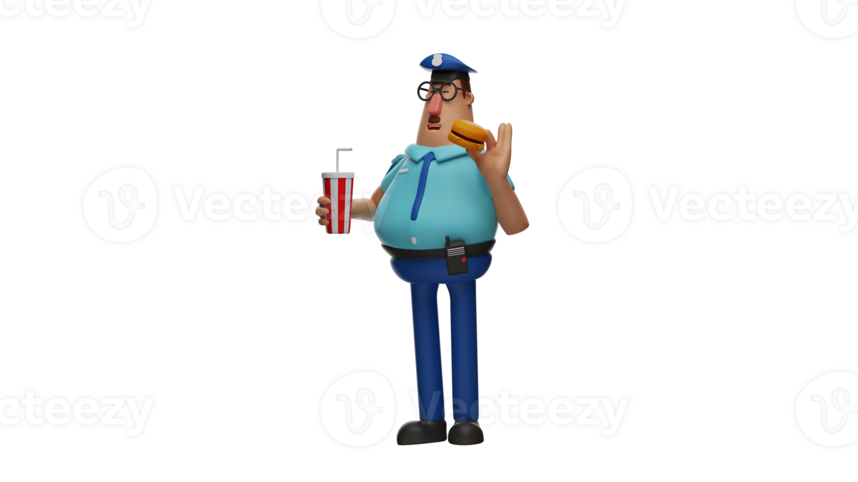 3D illustration. Hungry Police 3D cartoon character. Police stood holding soda drinks and burgers. Police was happy because he could enjoy his rest time with his favorite food. 3D cartoon character png