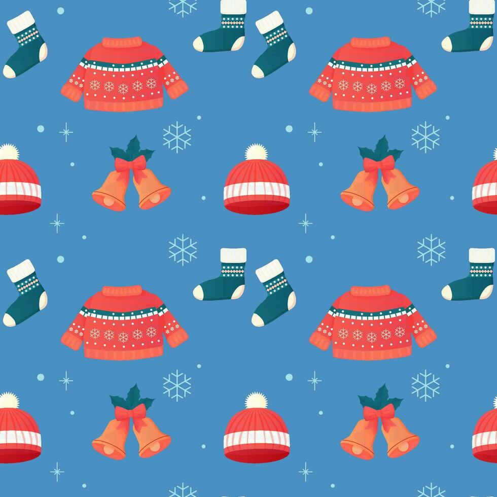 Seamless pattern clothing jumper, socks, hat, new year winter and Christmas vector