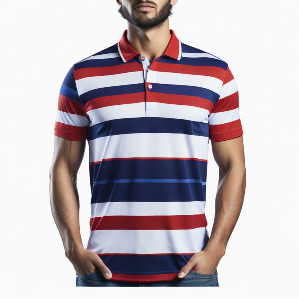 Polo Shirt Red Striped Blue Short Sleeve for Men Passport Photo on White Background, AI Generated