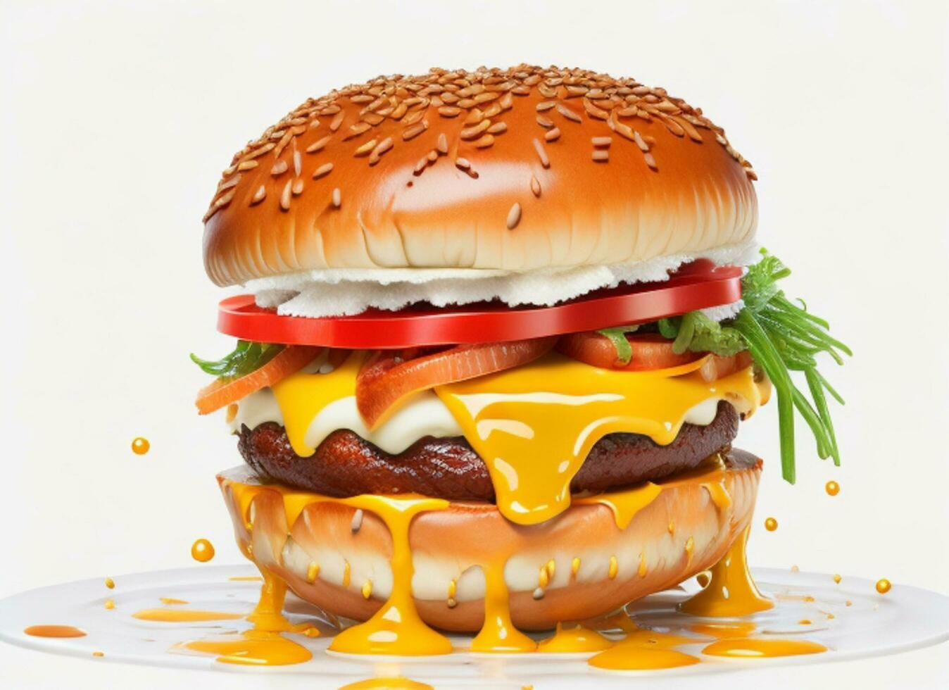 Delicious Burger with Tasty Ingredients and Cheesy Splash Sauce on White Background, AI Generated photo