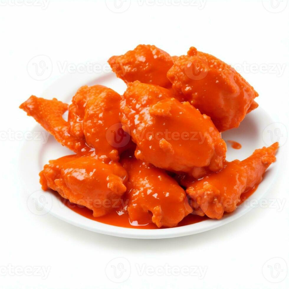 Fried chicken wings in tomato sauce on white plate isolated on white background. Generative AI photo