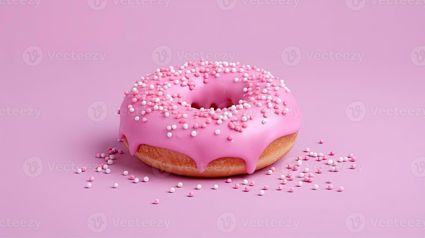 Bitten pink icing donut with marshmallows on pink background, AI Generated photo