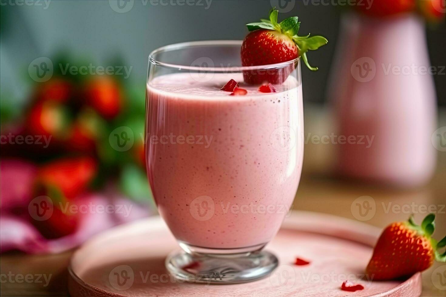 Appetizing homemade strawberry smoothie in glass, Generative AI photo