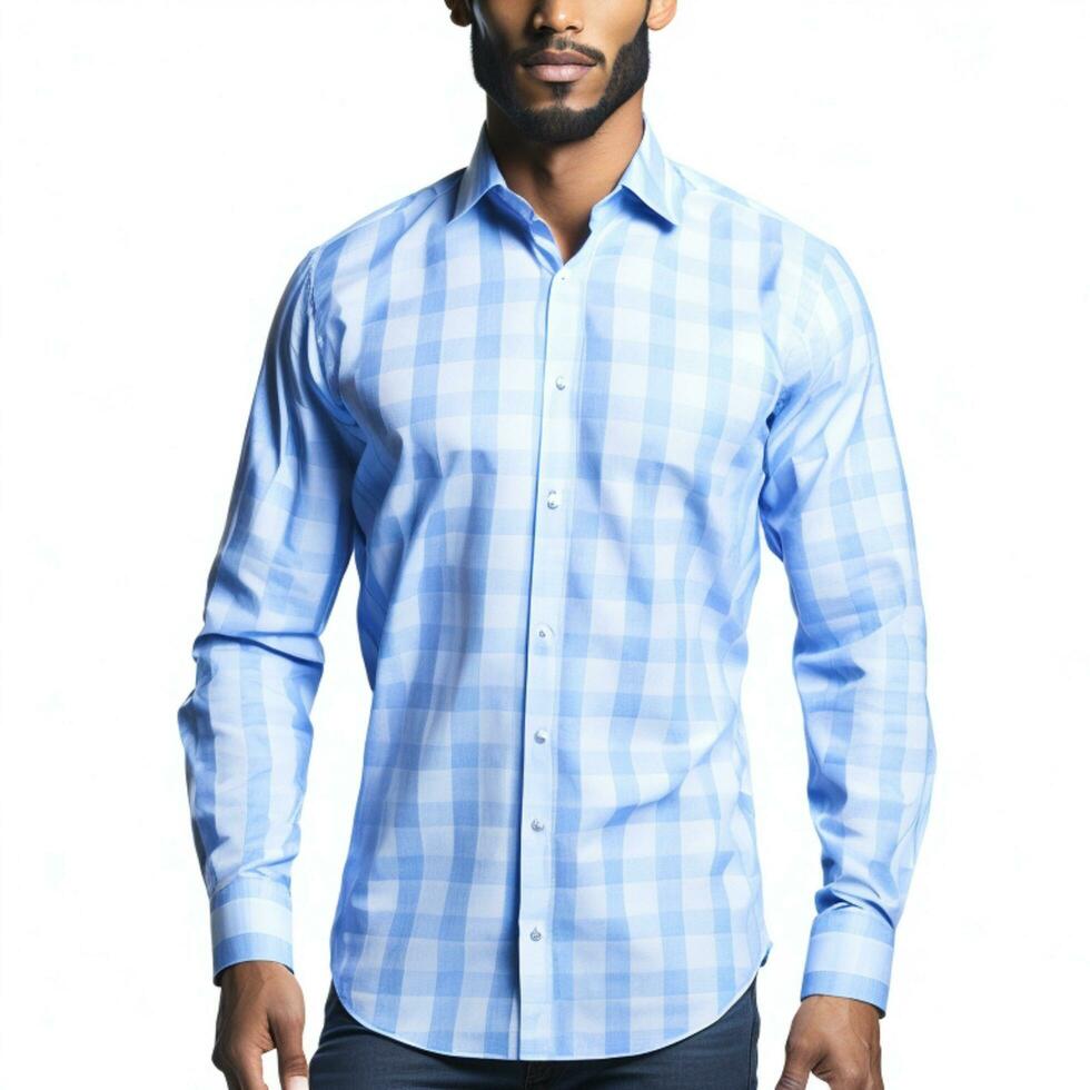 formal de los hombres cielo azul cheque camisa en blanco fondo, clásico y sofisticado, ai generado foto