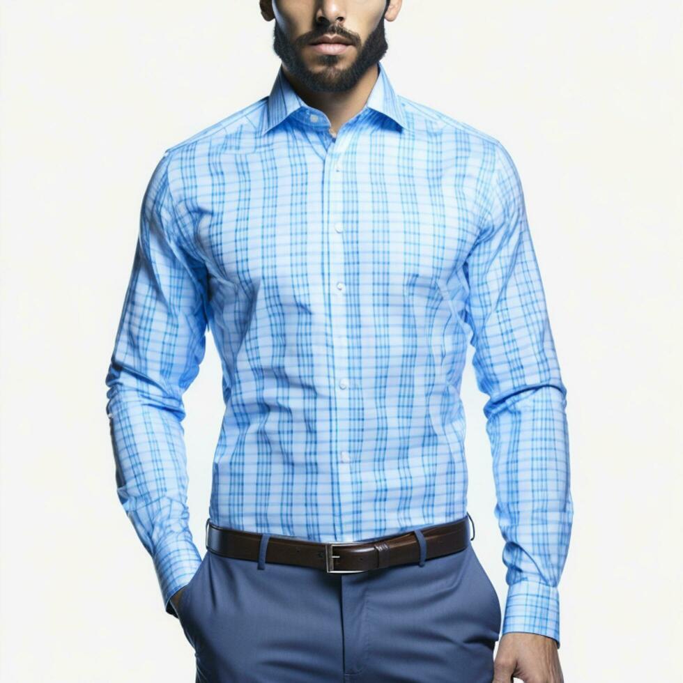 Formal Men's Sky Blue Check Shirt on White Background, Classic and Sophisticated, AI Generated photo