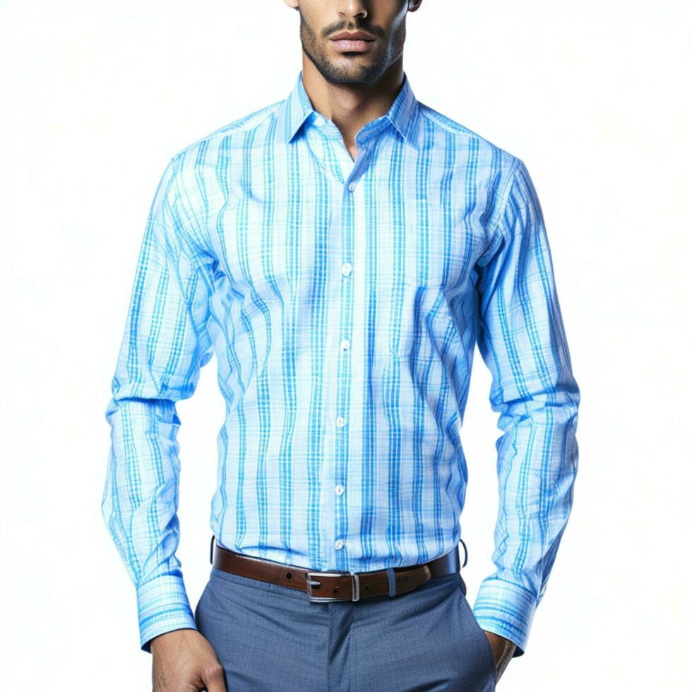Formal Men's Sky Blue Check Shirt on White Background, Classic and Sophisticated, AI Generated photo