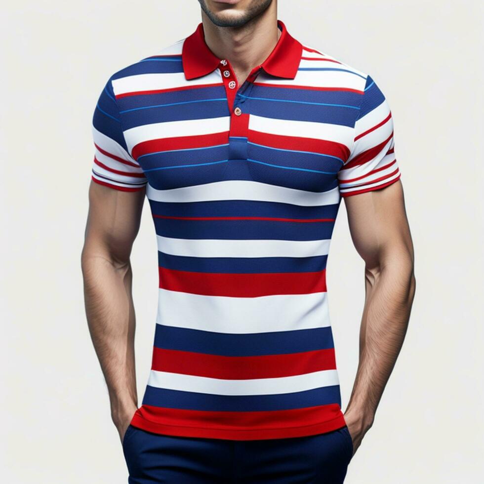 Polo Shirt Red Striped Blue Short Sleeve for Men Passport Photo on White Background, AI Generated