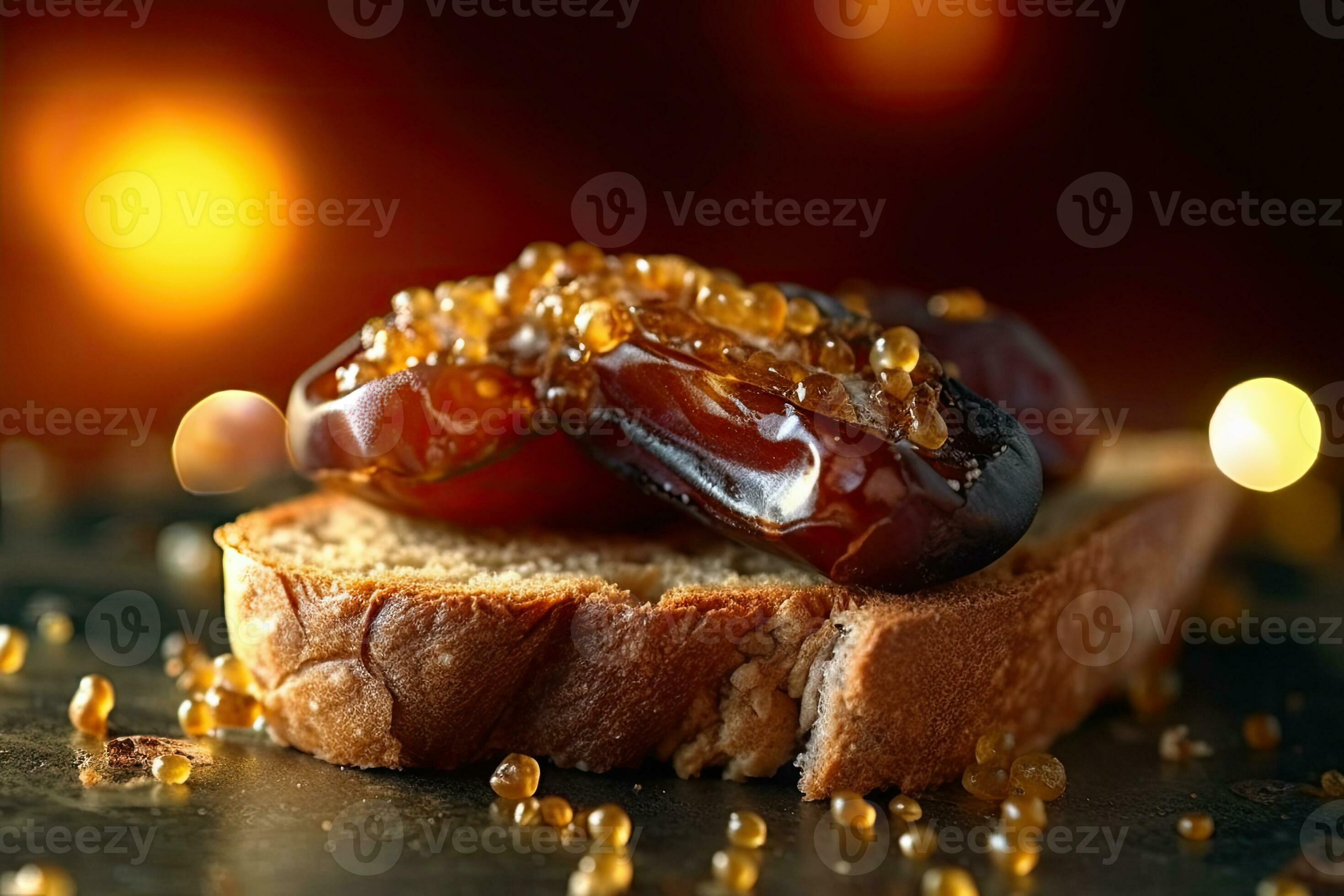 Saudi Arab Dates toast, macro shot of a fresh breakfast with Dripping