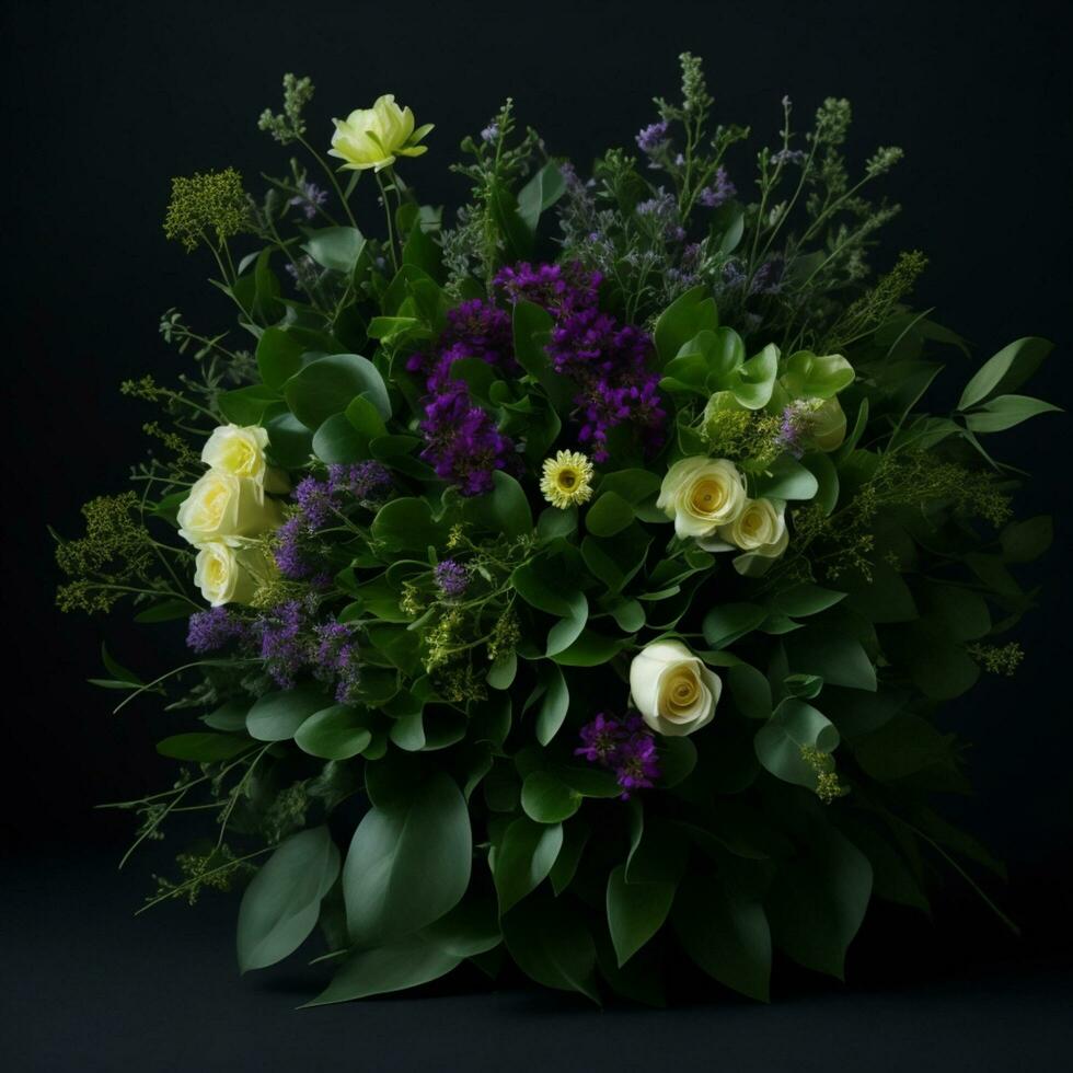 Beautiful bouquet of flowers on black background. Studio shot. Generative AI photo