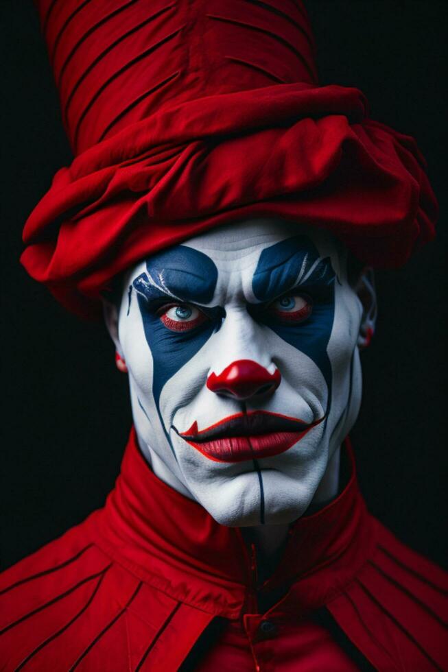 espantoso Víspera de Todos los Santos payaso, retrato de un siniestro traje rojo bufón, ai generado foto