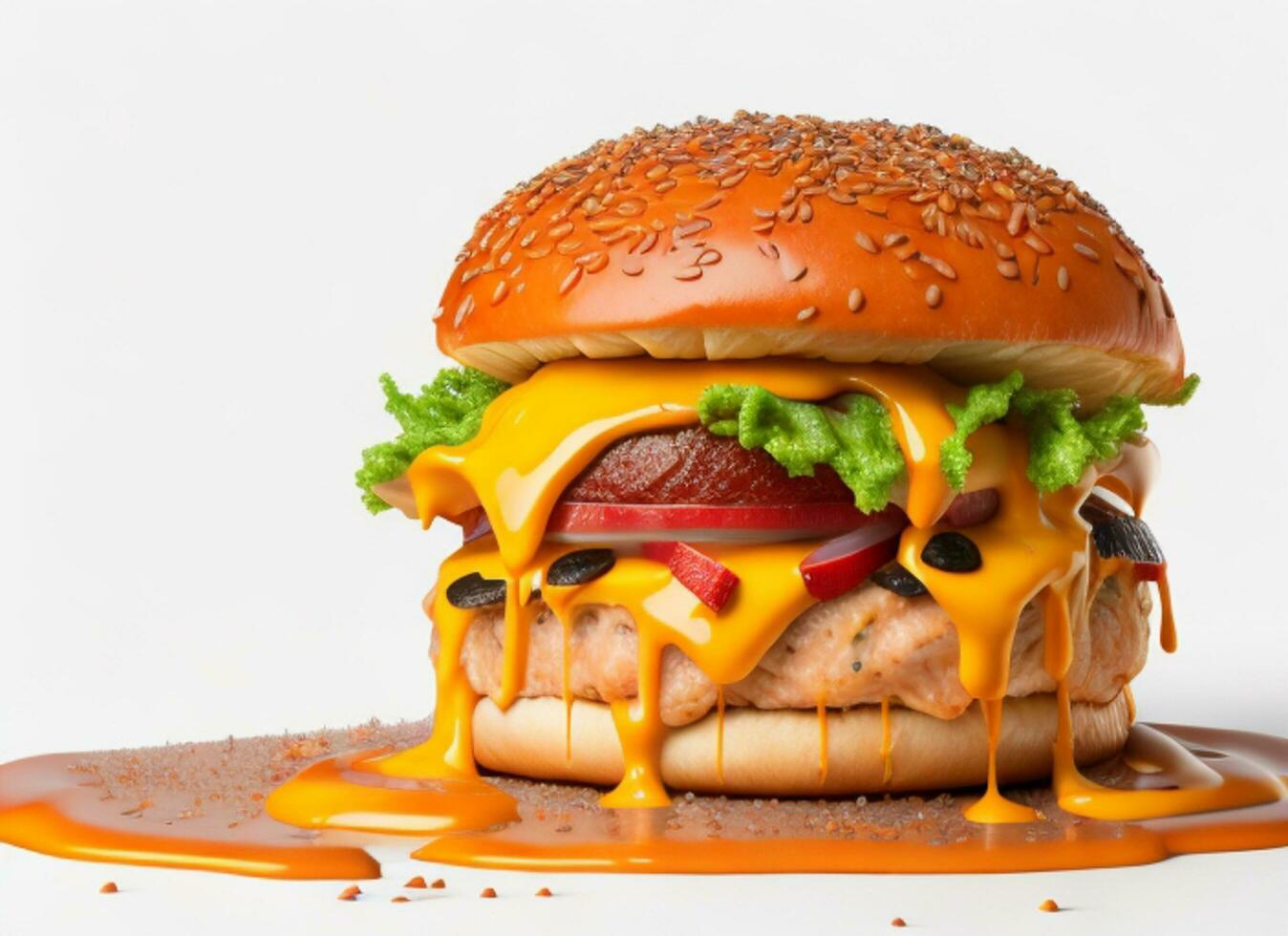 Delicious Burger with Tasty Ingredients and Cheesy Splash Sauce on White Background, AI Generated photo