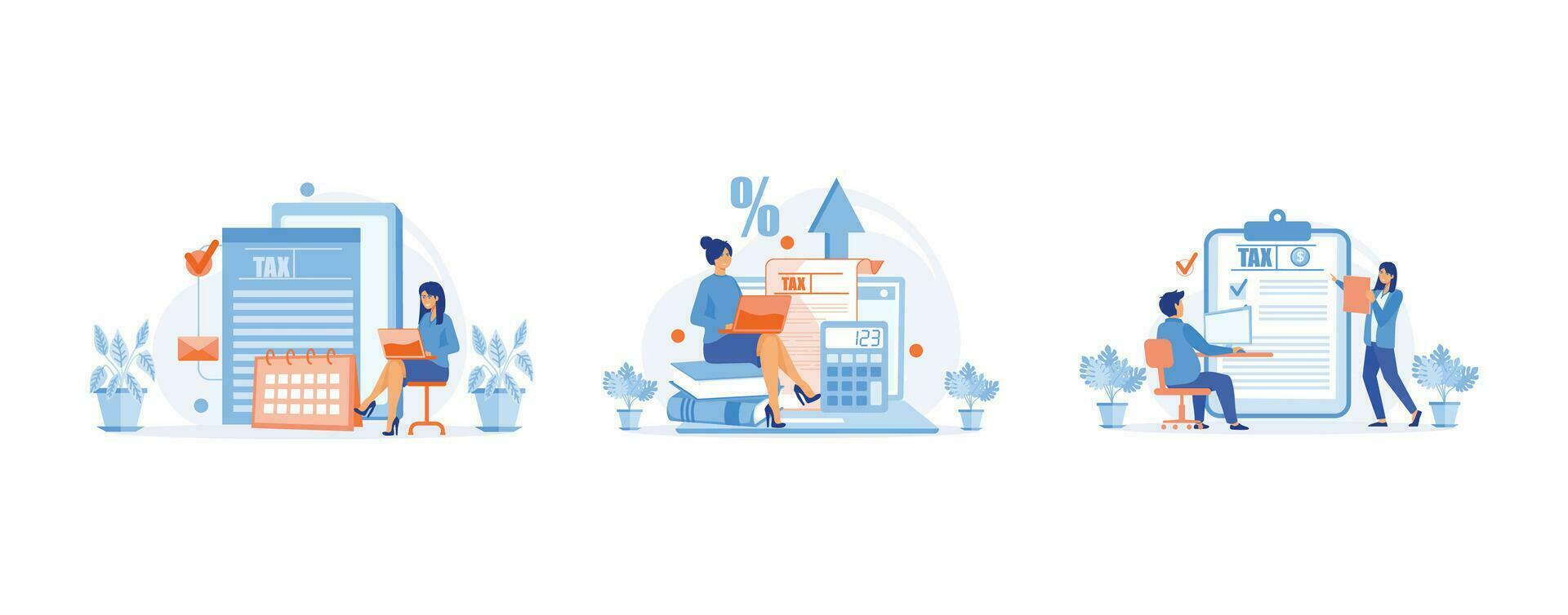 Taxation planning concept. Characters using tax calendar to filling tax declaration form online, set flat vector modern illustration