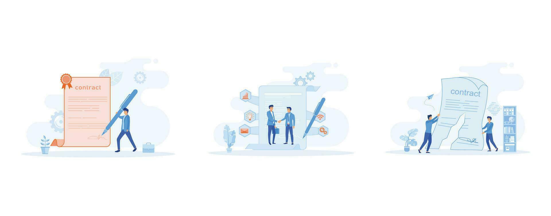 Contract  Agreement, People signing paper contract, Cancellation of a contract, set flat vector modern illustration