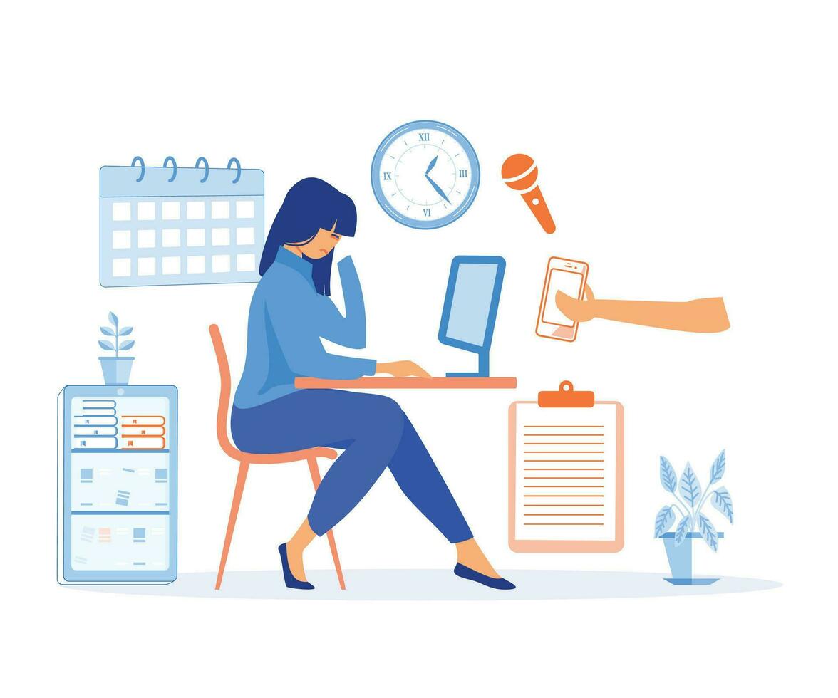 Multitasking and Time Management Concept. Business woman surrounded by hands with office things. flat vector modern illustration