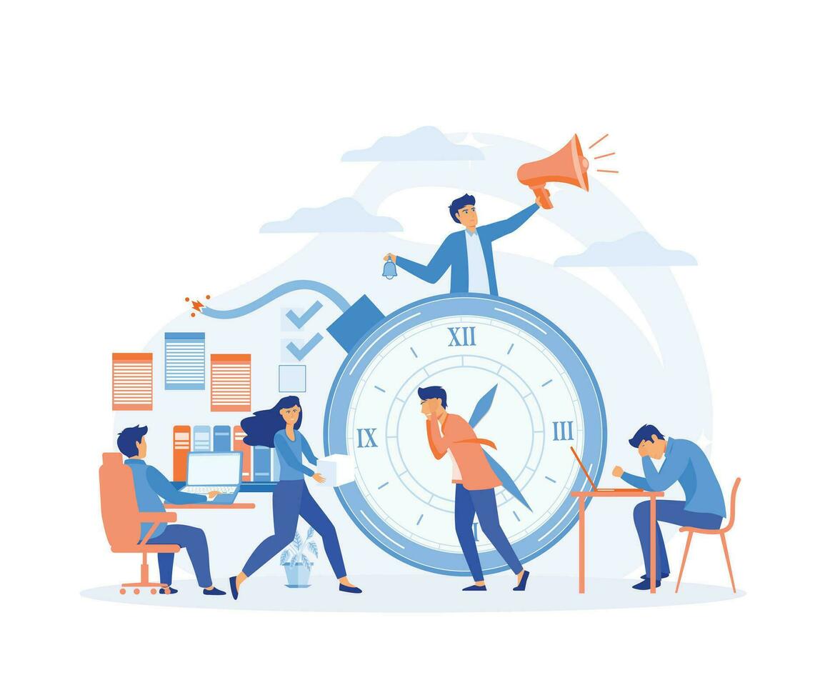 Office deadline. Stressed employees working overtime. Deadline time bomb, Time management. flat vector modern illustration