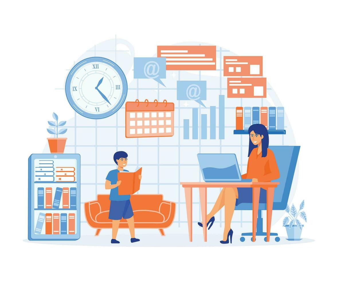 Multitasking busy mother at home concept. A woman who manages the balance between family life, housework and professional career. flat vector modern illustration