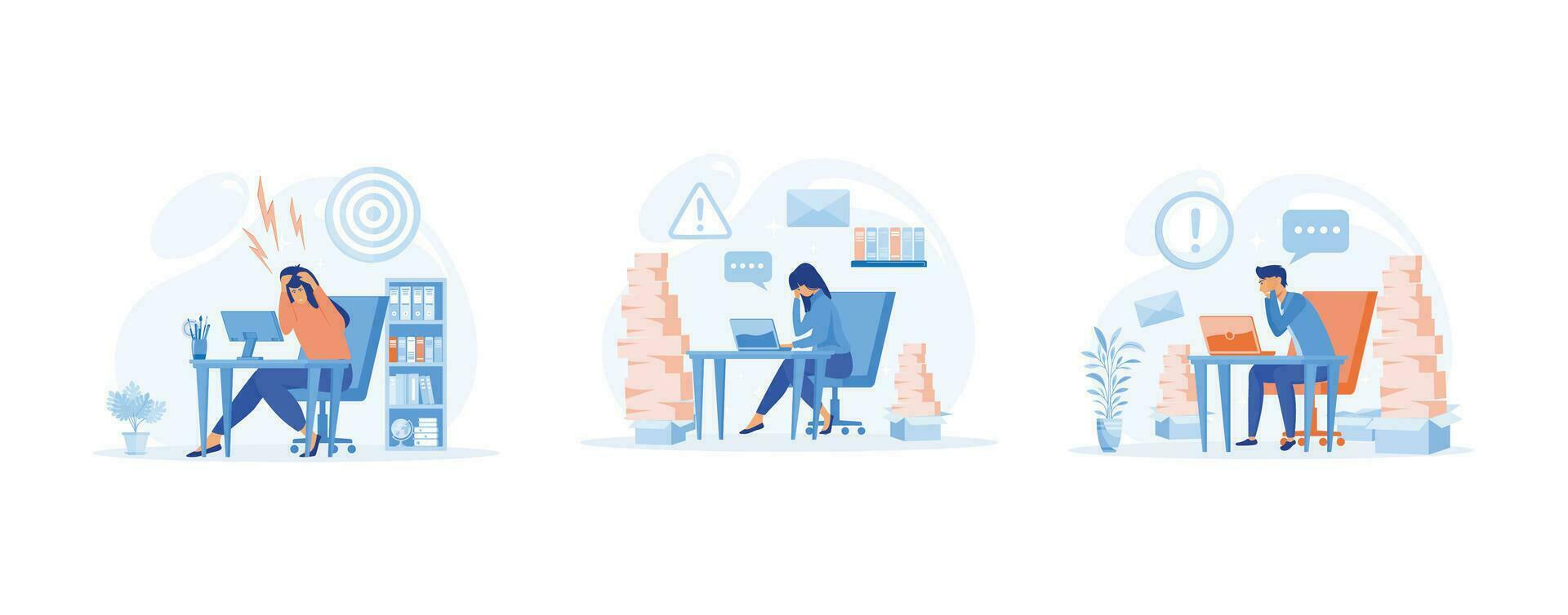 Stressed unhappy upset tired girl in office suffering of pain, Stress in the office. Rush work. set flat vector modern illustration