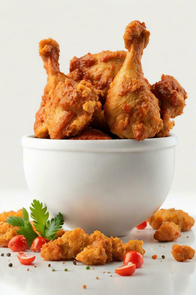 Fried Chicken Delight, Crispy and Golden on a White Background, AI Generated photo