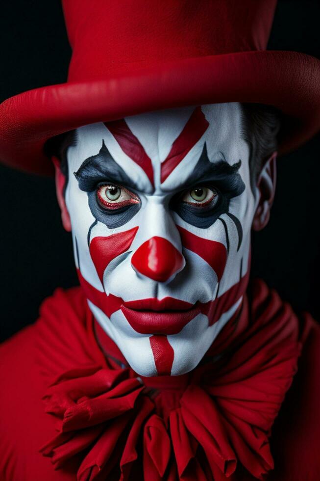 espantoso Víspera de Todos los Santos payaso, retrato de un siniestro traje rojo bufón, ai generado foto