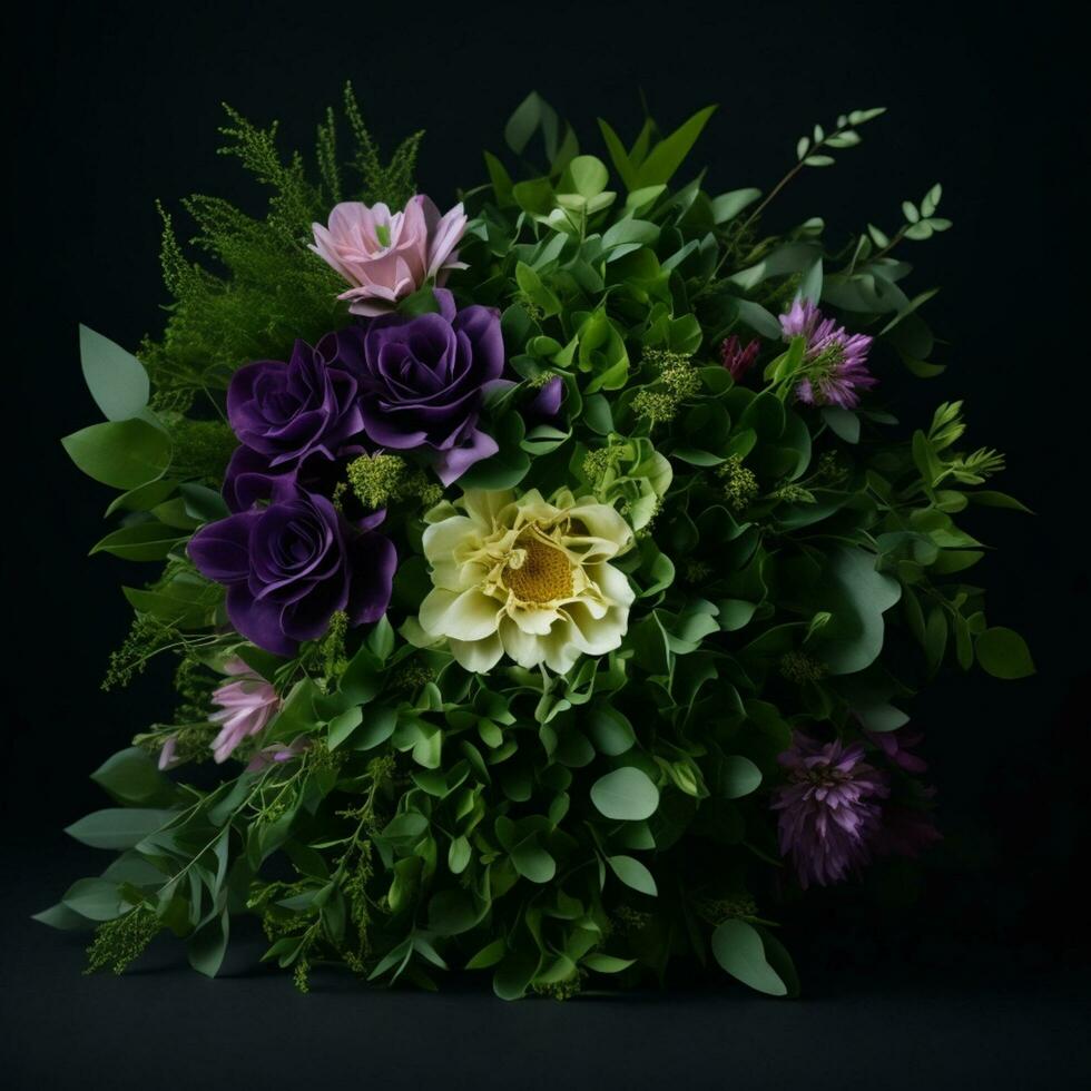 Beautiful bouquet of flowers on black background. Studio shot. Generative AI photo
